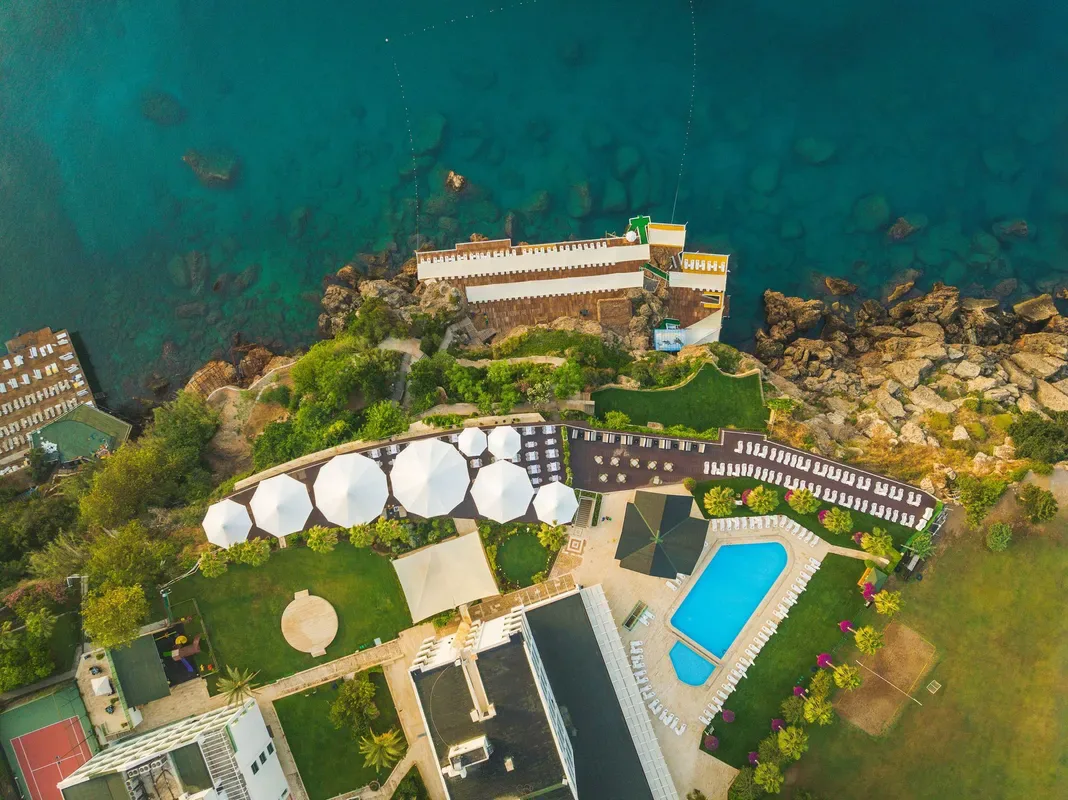 Aerial view of Falcon Hotel and Mediterranean coast, Antalya
