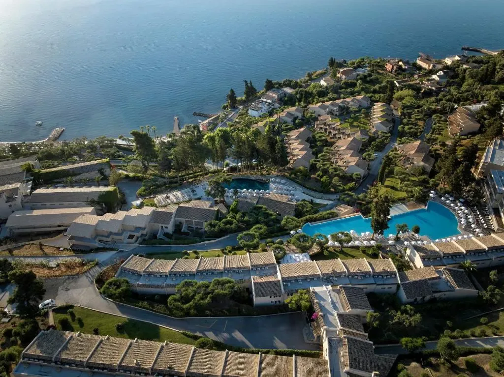 Aeolos Beach Resort aerial view with pools and beach, Corfu