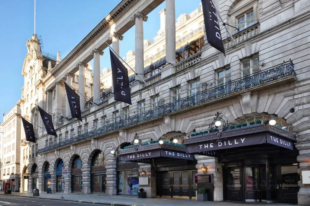 Facade of The Dilly hotel on Piccadilly, London